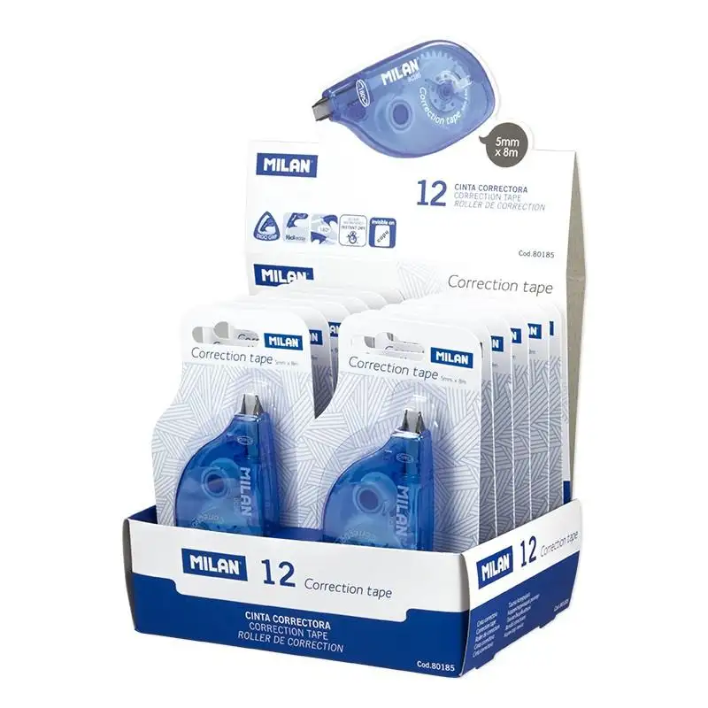 (80185) MILAN CINTA CORRECTORA BLISTER 5MMX8M CAJA EXPOSITORA 12 UD BLÍSTER