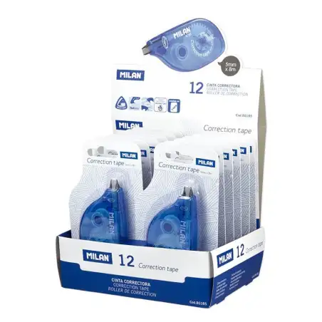 (80185) MILAN CINTA CORRECTORA BLISTER 5MMX8M CAJA EXPOSITORA 12 UD BLÍSTER
