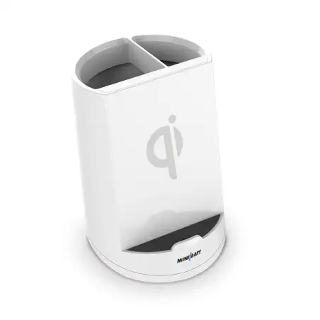 (MB-PWCUP) MNIBATT CARGADOR INALÁMBRICO QI DE SOBREMESA COLOR BLANCO - DISEÑO DE LAPICERO - DOS BOBINAS DE INDUCCIÓN DE 10W