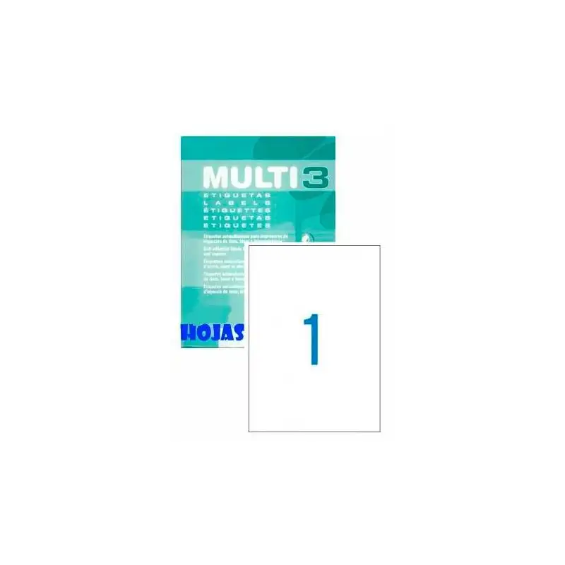 (04714) MULTI-3 ETIQUETAS ADHESIVAS 210X297 INKJET/LÁSER C/RECTOS 1 X 100 H BLANCO