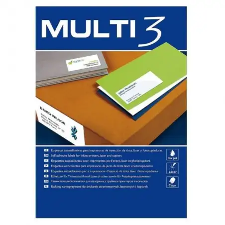 (04722) MULTI-3 ETIQUETAS ADHESIVAS 70X30MM INKJET/LÁSER C/RECTOS 27 X 100H BLANCO
