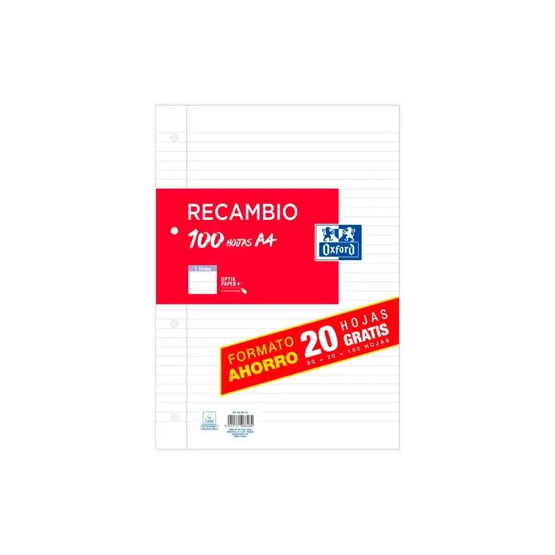 (100430210) OXFORD RECAMBIO PAQUETE A4 80H + 20H GRATIS 1 LÍNEA CON MARGEN