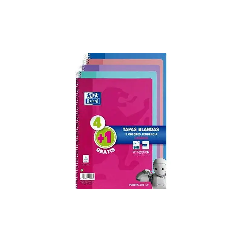 (400072719) OXFORD CUADERNO ESPIRAL 80H FOLIO 4X4M C/MARGEN TAPA BLANDA PACK 4+1 UD C/SURTIDOS TENDENCIA