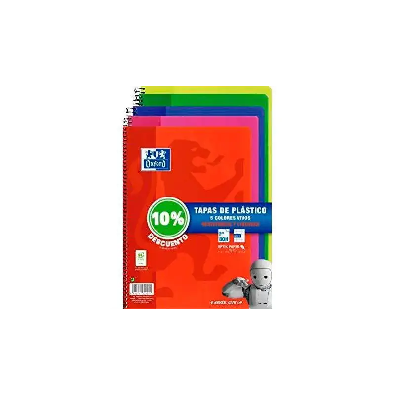 (400091365) OXFORD CUADERNO ESPIRAL 80H FOLIO 4X4MM C/MARGEN TAPA DE PLÁSTICO PACK 5 UD (10% DTO) C/SURTIDOS VIVOS