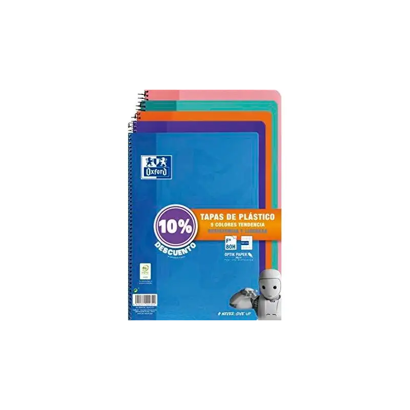(400091366) OXFORD CUADERNO ESPIRAL 80H FOLIO 4X4MM C/MARGEN TAPA DE PLÁSTICO PACK 5 UD (10% DTO) C/SURTIDOS TENDENCIA