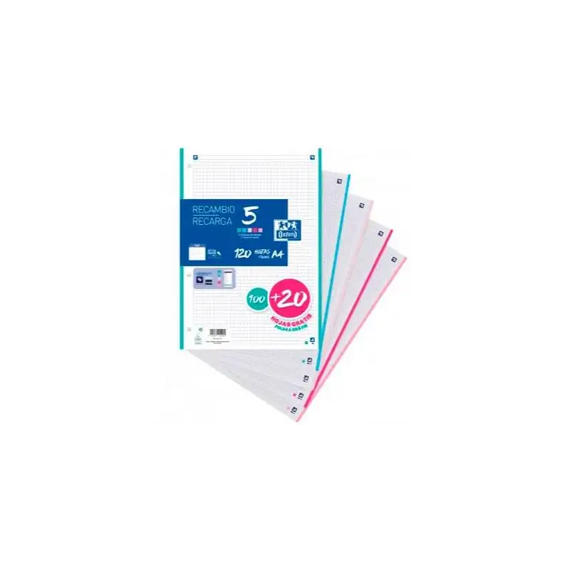 (400146851) OXFORD RECAMBIO CLASSIC 100H + 20H GRATIS A4 SUELTAS 90GR 5X5MM 4 TALADROS 5 BANDAS COLORES PASTEL