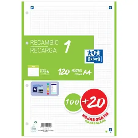 (400158059) OXFORD RECAMBIO CLASSIC 120 HOJAS A4 SUELTAS 90GR 5X5MM 4 TALADROS 1 BANDA COLOR VERDE