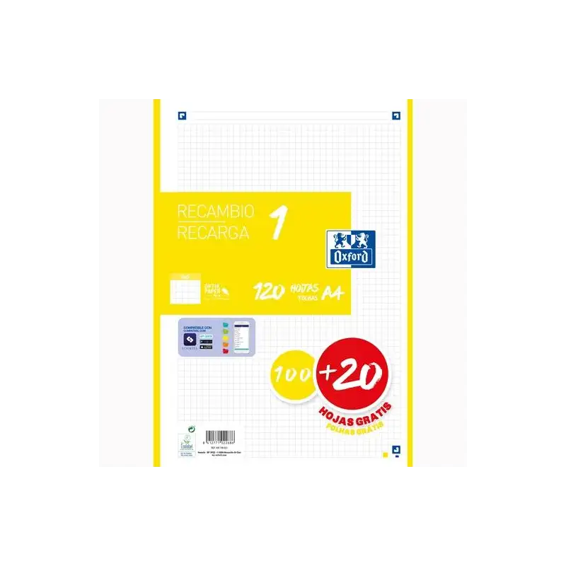 (400158160) OXFORD RECAMBIO CLASSIC 120 HOJAS  A4 SUELTAS 90GR 5X5MM 4 TALADROS 1 BANDA COLOR AMARILLO