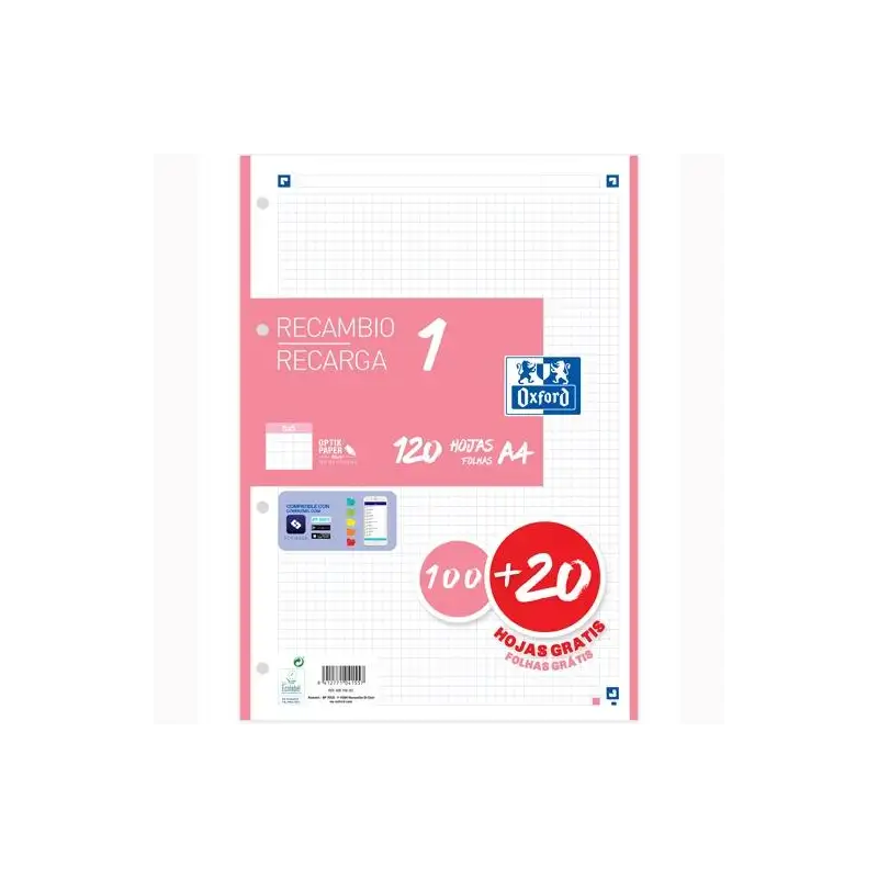(400158161) OXFORD RECAMBIO CLASSIC 120 HOJAS A4 SUELTAS 90GR 5X5MM 4 TALADROS 1 BANDA COLOR ROSA CHICLE