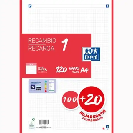 (400158162) OXFORD RECAMBIO CLASSIC 120 HOJAS A4 SUELTAS 90GR 5X5MM 4 TALADROS 1 BANDA COLOR ROJO