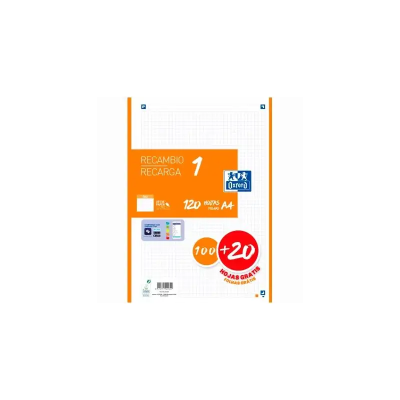 (400158163) OXFORD RECAMBIO CLASSIC 120 HOJAS A4 SUELTAS 90GR 5X5MM 4 TALADROS 1 BANDA COLOR NARANJA
