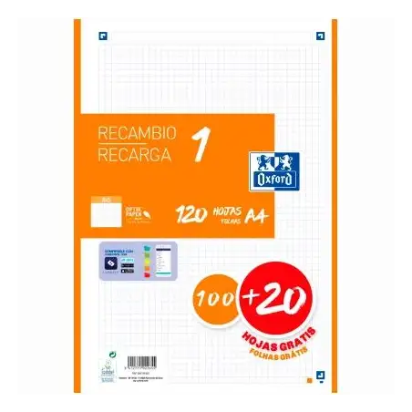 (400158163) OXFORD RECAMBIO CLASSIC 120 HOJAS A4 SUELTAS 90GR 5X5MM 4 TALADROS 1 BANDA COLOR NARANJA