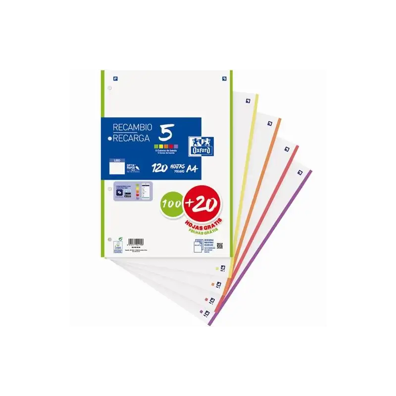 (400158168) OXFORD RECAMBIO CLASSIC 100H + 20H GRATIS A4 SUELTAS 90GR LISO 4 TALADROS 5 BANDAS COLORES VIVOS