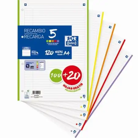(400158519) OXFORD RECAMBIO 100H + 20H GRATIS A4 SUELTAS 90GR 1 LÍNEA 4 TALADROS 5 BANDAS COLORES VIVOS