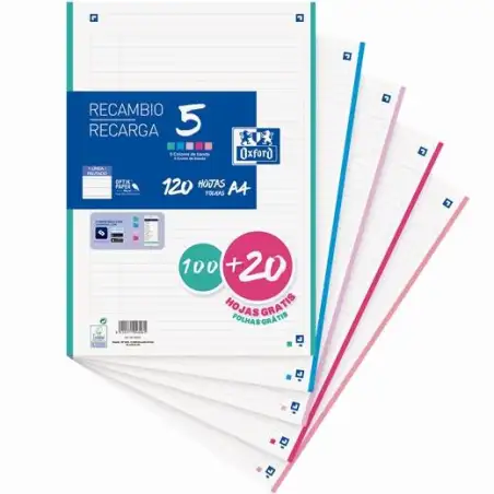 (400159876) OXFORD RECAMBIO CLASSIC 100H + 20H GRATIS A4 SUELTAS 90GR 1 LÍNEA 4 TALADROS 5 BANDAS COLORES PASTEL
