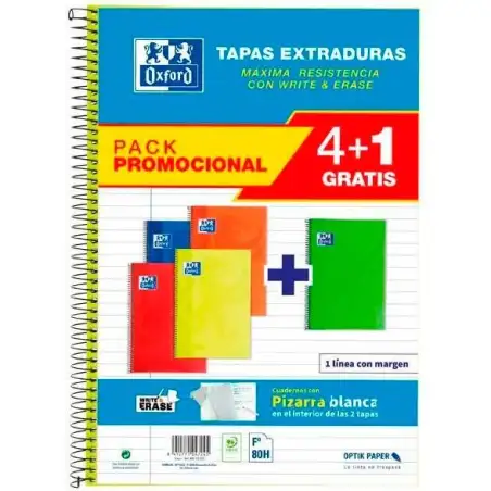 (400172032) OXFORD CUADERNO ESPIRAL CLASSIC WHITE&ERASE 80H FOLIO 1 LÍNEA T/EXTRADURA PACK 4+1 C/SURTIDOS