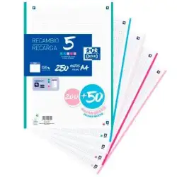 (400173020) OXFORD RECAMBIO CLASSIC 200+50H GRATIS A4 SUELTAS 90GR 5X5MM 4 TALADROS 5 BANDAS COLORES PASTEL