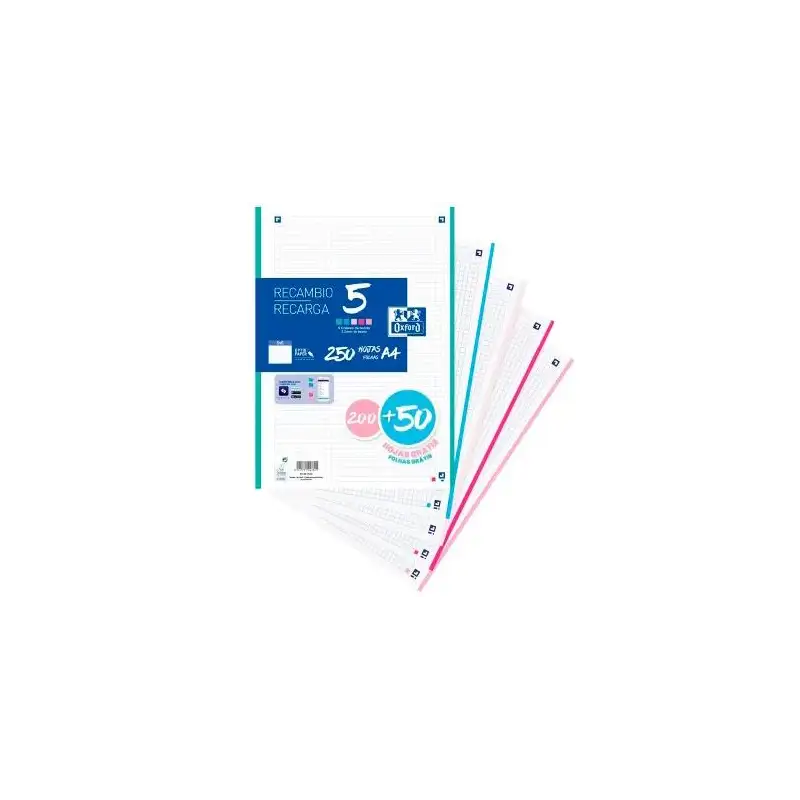 (400173020) OXFORD RECAMBIO CLASSIC 200+50H GRATIS A4 SUELTAS 90GR 5X5MM 4 TALADROS 5 BANDAS COLORES PASTEL