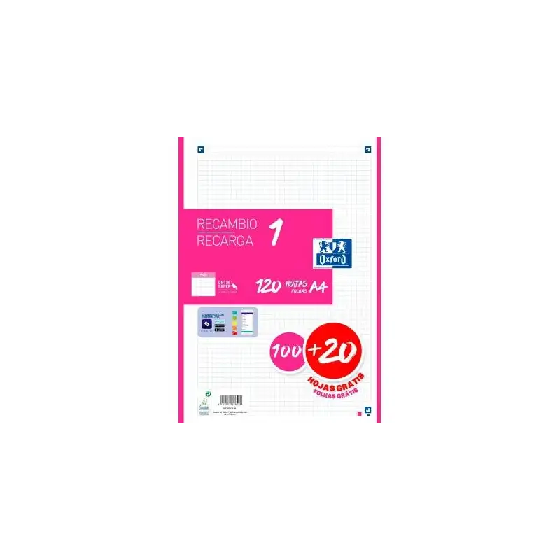 (400174181) OXFORD RECAMBIO CLASSIC 120 HOJAS A4 SUELTAS 90GR 5X5MM 4 TALADROS 1 BANDA COLOR FUCSIA