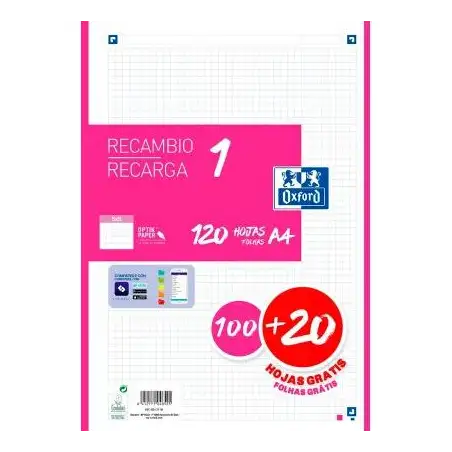 (400174181) OXFORD RECAMBIO CLASSIC 120 HOJAS A4 SUELTAS 90GR 5X5MM 4 TALADROS 1 BANDA COLOR FUCSIA