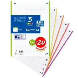 (400174182) OXFORD RECAMBIO CLASSIC 100+20H GRATIS A4 SUELTAS 90GR 4X4MM 4 TALADROS 5 BANDAS COLORES VIVOS