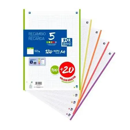 (400174182) OXFORD RECAMBIO CLASSIC 100+20H GRATIS A4 SUELTAS 90GR 4X4MM 4 TALADROS 5 BANDAS COLORES VIVOS