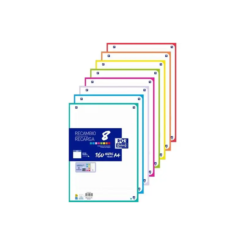 (400207228) OXFORD RECAMBIO PAQUETE 160 HOJAS SUELTAS 4 TALADROS A4 5X5 8 COLORES