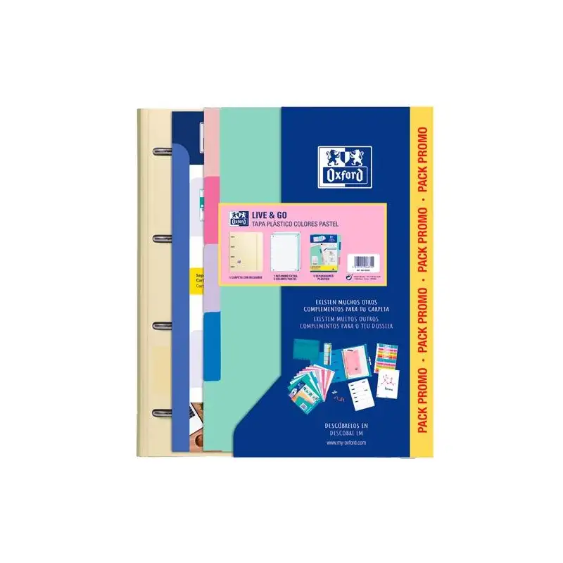 (400194659) OXFORD EUROPEANBINDER LIVE & GO CARPETA 4 ANILLAS A4 C/RECAMBIO 80H 5X5 C/SEPARADORES POLYFOAM COLORES PASTEL PAC...