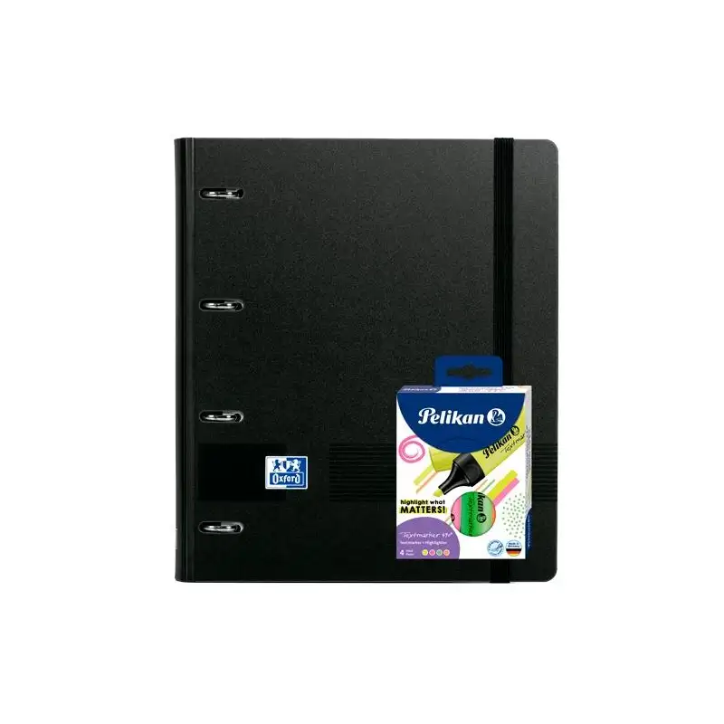 (400205943) OXFORD PACK EUROPEANBINDER LIVE&GO A4+ CON RECAMBIO 5X5 TAPA PLÁSTICO NEGRA + 4 RESALTADORES TEXTMARKER NEÓN SURT...