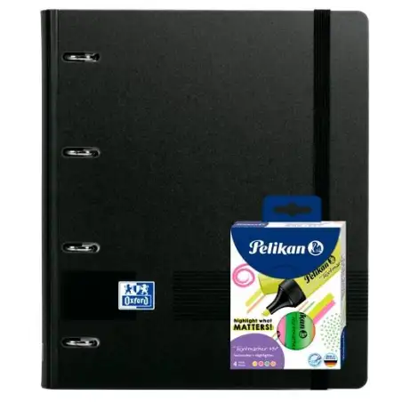 (400205943) OXFORD PACK EUROPEANBINDER LIVE&GO A4+ CON RECAMBIO 5X5 TAPA PLÁSTICO NEGRA + 4 RESALTADORES TEXTMARKER NEÓN SURT...