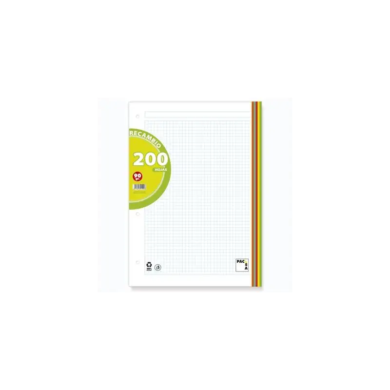 (21190) PACSA RECAMBIO 200H A4 90GR 5X5 + GRECA 4 TALADROS 5 BANDAS COLORES