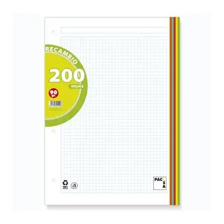 (21190) PACSA RECAMBIO 200H A4 90GR 5X5 + GRECA 4 TALADROS 5 BANDAS COLORES