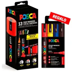 (302422455) POSCA MARCADOR (PC-5M / PC-3M / PC-5BR) SET 13 COLORES LATA METÁLICA + REGALO PC-5M/4C ESTUCHE 4 COLORES BASIC