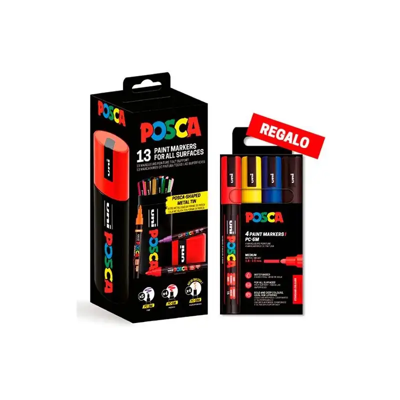 (302422455) POSCA MARCADOR (PC-5M / PC-3M / PC-5BR) SET 13 COLORES LATA METÁLICA + REGALO PC-5M/4C ESTUCHE 4 COLORES BASIC