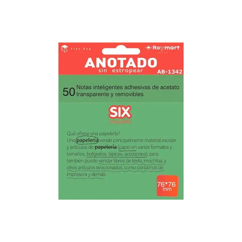 (AB-1342) ROYMART BLOC NOTAS ADHESIVAS INTELIGENTES REMOVIBLES 50H 76X76 ACETATO TRANSPARENTE VERDE FLUORESCENTE