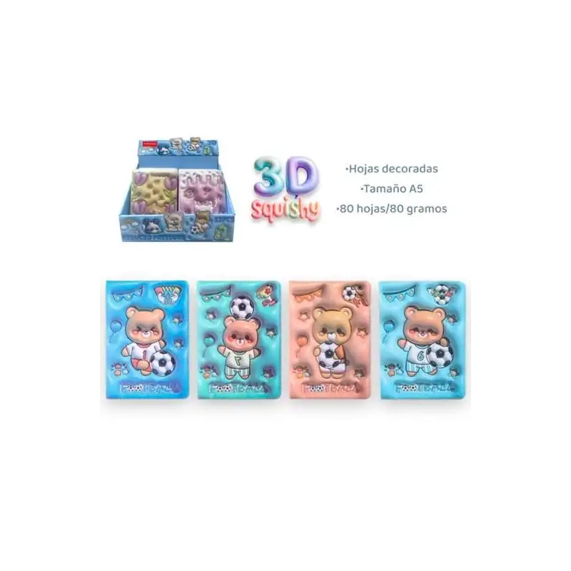 (EBW-5616) ROYMART LIBRETAS 3D FUTBOL AND BEAR 80H DECORADAS A5 80GR 4 DISEÑOS EXPOSITOR 12 UD