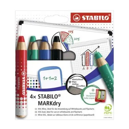 (648/4) STABILO MARCADOR EN SECO MARKDRY PARA PIZARRA BLANCA Y DE PAPEL C/SURTIDOS ESTUCHE 4 UD