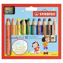 (880/10-2) STABILO LÁPICES DE COLORES WOODY 3 EN 1 C/SURTIDOS ESTUCHE DE 10 UD + 1 SACAPUNTAS