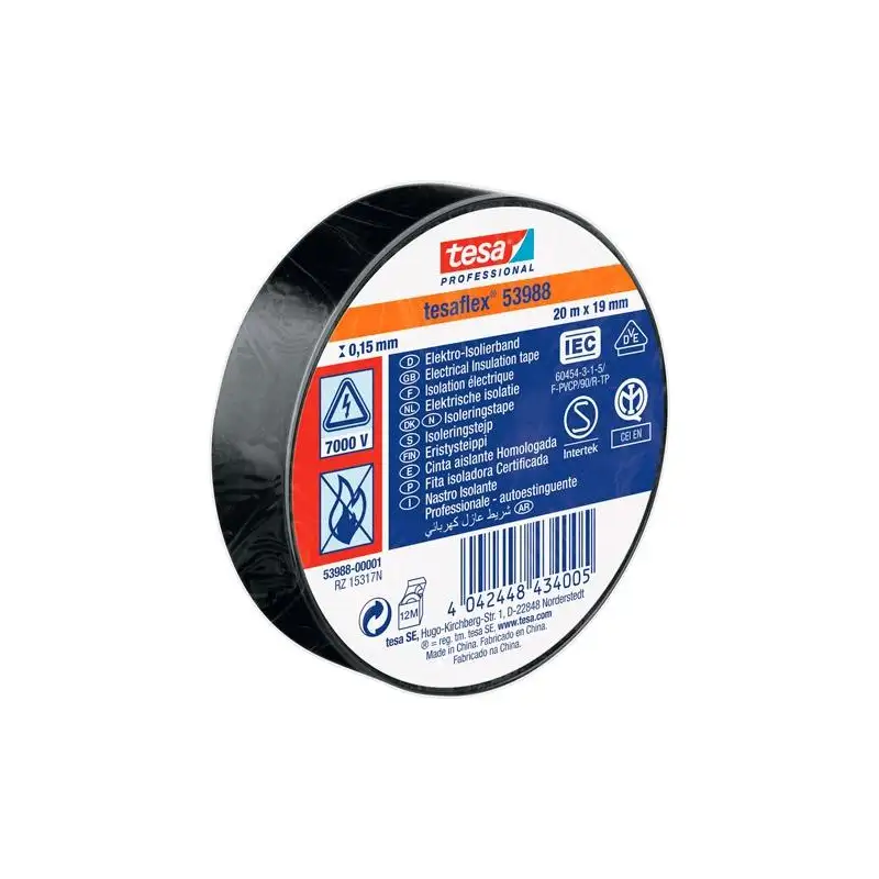 (53988-00001-01) TESA CINTA AISLANTE ELÉCTRICA PROFESSIONAL 20M X 19MM NEGRO