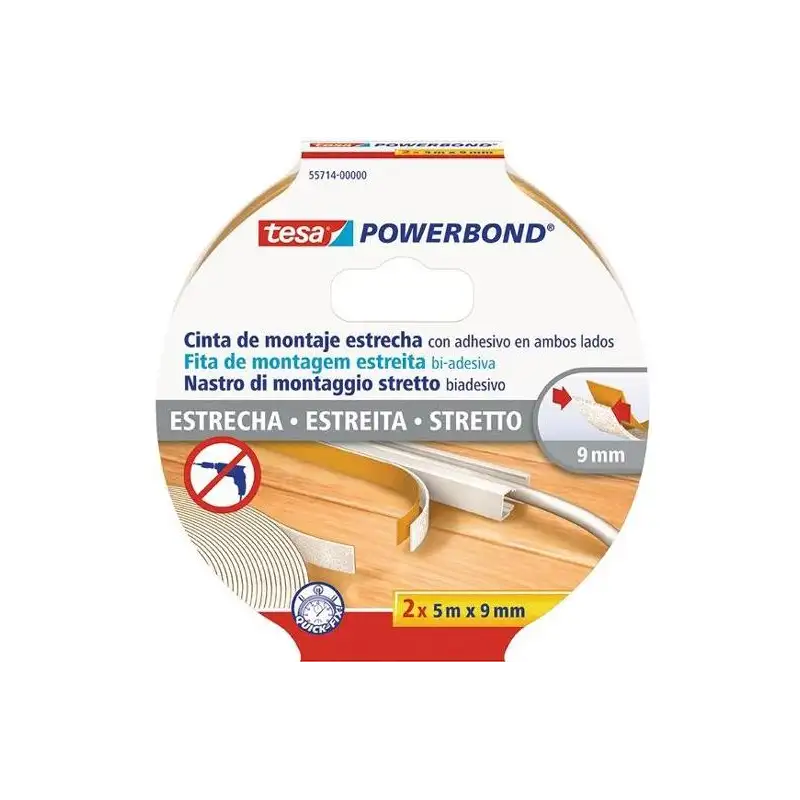 (55714-00000-02) TESA CINTA ADHESIVA DE MONTAJE ESTRECHA DOBLE CARA POWERBOND 2 ROLLOS 9MM X 5M TRANSPARENTE
