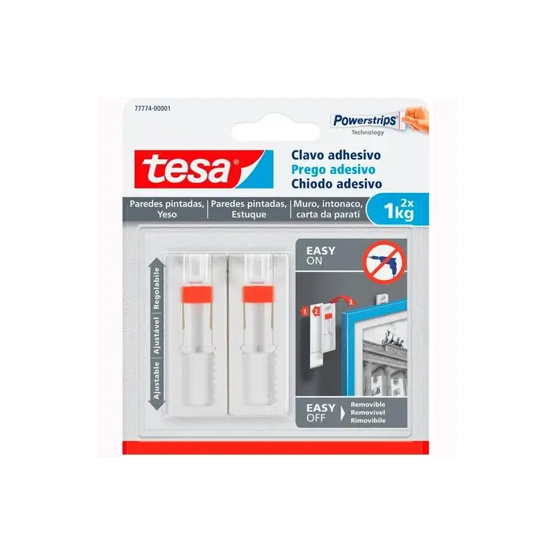 (77774-00001-00) TESA PACK DE 2 CLAVO ADHESIVO AJUSTABLE HASTA 1KG PARA PARED LISA