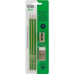 (130100003) TITAN ARTS 3 LÁPICES DE GRAFITO HB + SACAPUNTAS + GOMA