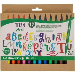 (130500012) TITAN ARTS ROTULADORES DOBLE PUNTA FINA/PINCEL COLORES SURTIDOS ESTUCHE 12 UD