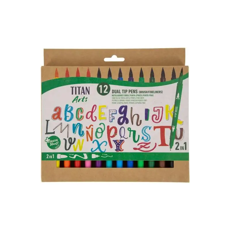 (130500012) TITAN ARTS ROTULADORES DOBLE PUNTA FINA/PINCEL COLORES SURTIDOS ESTUCHE 12 UD