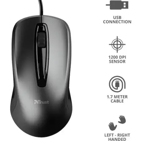 (23733) TRUST RATÓN CARVE CABLE USB 1200DPI AMBIDIESTRO 3 BOTONES NEGRO