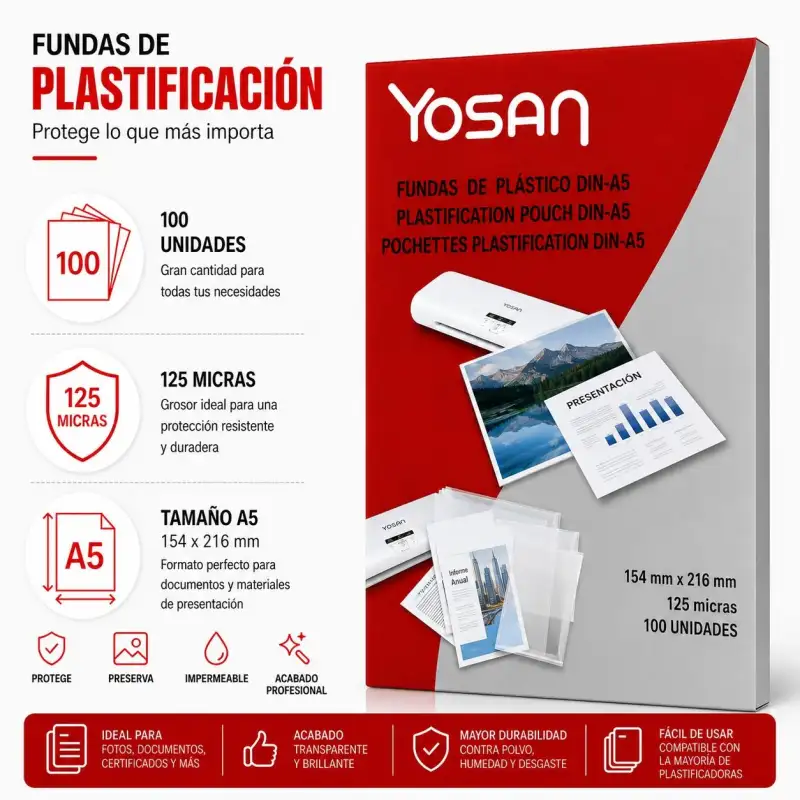 (0101A5125/100R) YOSAN FUNDAS DE PLASTIFICAR 2X125 MICRAS A5 BRILLO CAJA 100 UD