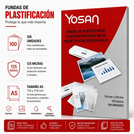 (0101A5125/100R) YOSAN FUNDAS DE PLASTIFICAR 2X125 MICRAS A5 BRILLO CAJA 100 UD