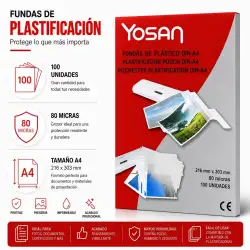 (0101DIN4/100R) YOSAN FUNDAS DE PLASTIFICAR 2X80 MICRAS BRILLO A4 CAJA 100 UD TRANSPARENTE