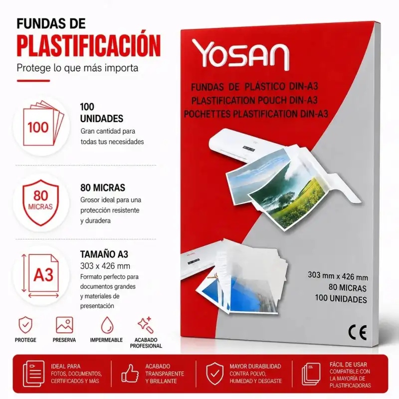 (0101DOFO/100R) YOSAN FUNDAS DE PLASTIFICAR 2X80 MICRAS A3 BRILLO CAJA 100 UD TRANSPARENTE