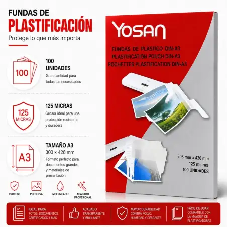 (0101DOFO1/100R) YOSAN FUNDAS DE PLASTIFICAR 2X125 MICRAS A3 BRILLO CAJA 100 UD ROJA